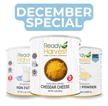 Cans of Ready Harvest Freeze Dried Cheddar Cheese, Non Fat Milk and Butter Powder