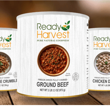 ready harvest freeze dried pork sausage, ground beef and chicken dices in cans