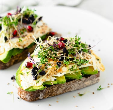 A slice of bread topped with veggies and sprouts recipe how to use sprouts.