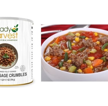 ready harvest pork sausage and bowl of soup