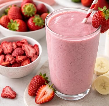 Pink strawberry banana smoothie in a glass with protein powder and fresh fruit ingredients.