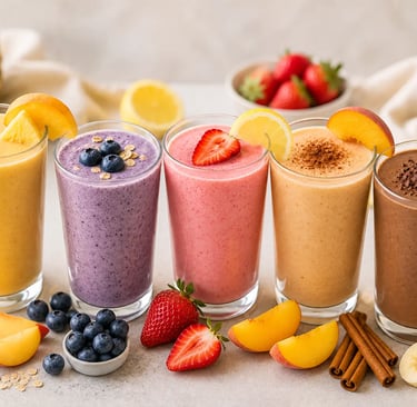 Variety of colorful fruit smoothies in glasses including mango, blueberry, strawberry, peach, and chocolate banana.