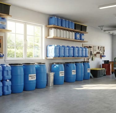 Residential garage storage with water containers elevated on wooden planks, clean and orderly, daylight filtering in.