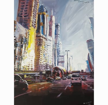 smeet k gusani painting of dubai skyscrapers on sheikh zayed road