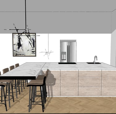 3D visualization, kitchen design, living room design, Calma interior design