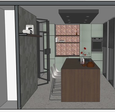 kitchen design, 3D visualization, Interior design, a kitchen with a table, chairs