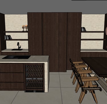 kitchen design, 3D visualization, Interior design, a kitchen with a table, chairs