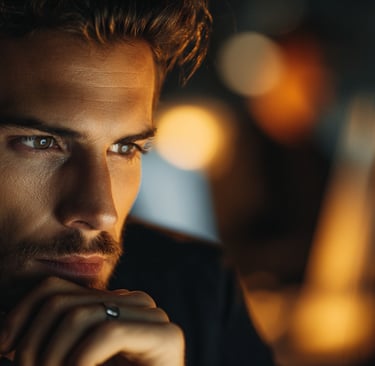 Focused professional businessman working late at a computer screen in a dark office with warm lighting.