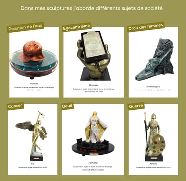 Photo représentant 6 sculptures de Lode ayant différents sujets de société