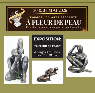 Affiche de l'exposition "A Fleure de Peau" sur laquelle figure les trois sculptures exposées: Coquille, Eclosion et Eternelle