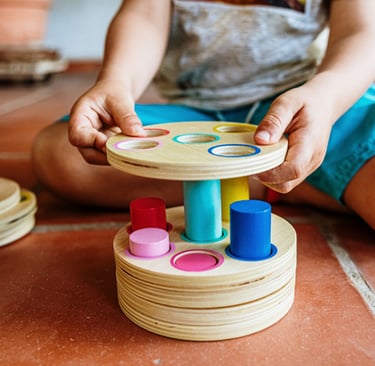 a child's hands holding a wooden toy