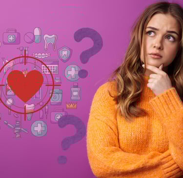 a woman with a heart in her hand, with question marks on her face