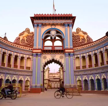 a man riding a bicycle through a large building