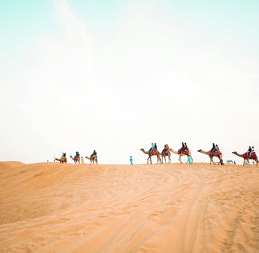 a group of people riding on camels in the desert