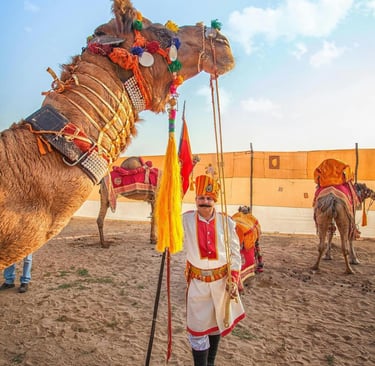 a man in a costume standing in front of a camel