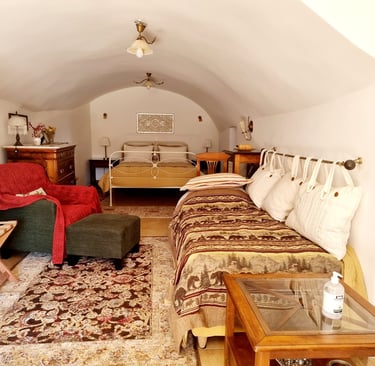 a bedroom with a bed and a couch