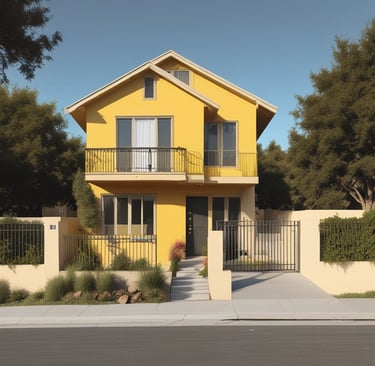A rental business with a prominent yellow sign displaying the name 'Sun Rental Center' is featured. The building’s exterior wall is painted yellow, matching the sign and awning. There's a small piece of heavy machinery parked near the building, and a main road extends into the distance on the right side of the image with a few vehicles.