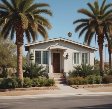A rental business with a prominent yellow sign displaying the name 'Sun Rental Center' is featured. The building’s exterior wall is painted yellow, matching the sign and awning. There's a small piece of heavy machinery parked near the building, and a main road extends into the distance on the right side of the image with a few vehicles.