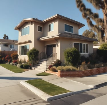 A rental business with a prominent yellow sign displaying the name 'Sun Rental Center' is featured. The building’s exterior wall is painted yellow, matching the sign and awning. There's a small piece of heavy machinery parked near the building, and a main road extends into the distance on the right side of the image with a few vehicles.