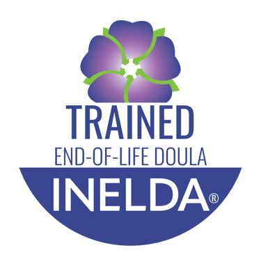 Official INELDA trained end-of-life doula certification badge featuring a purple flower logo.