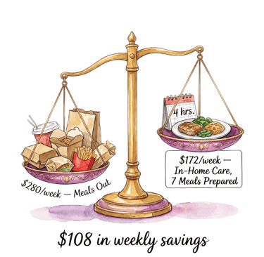 Comparison scale showing cost savings of in-home meal prep versus takeout and fast food.