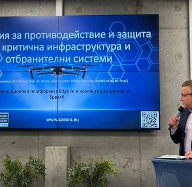 A CTO speaking at a SpearX conference about AI drone defense and critical infrastructure protection.
