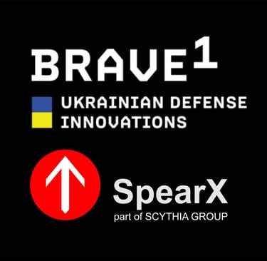 Brave1 Ukrainian Defense Innovations logo with SpearX part of Scythia Group on a black background.