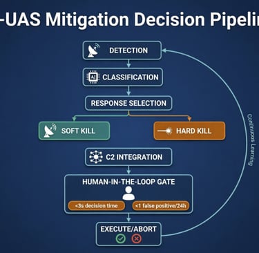 Diagram of a C-UAS mitigation decision pipeline showing detection, AI classification, and human-in-the-loop response.