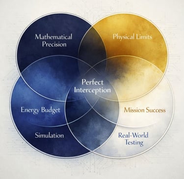 Venn diagram showing how mathematical precision, physical limits, and testing create a perfect interception.