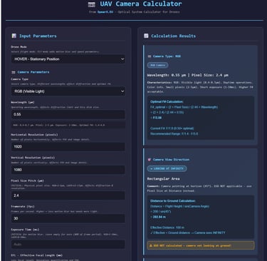 Screenshot of a UAV camera calculator interface showing input parameters for drone lens and sensor optics.