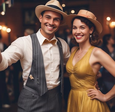 A couple is engaged in an elegant dance on a wooden floor surrounded by people. The female dancer is wearing a sparkling gold dress, and the male dancer is dressed in a dark suit with a light shirt. The atmosphere is festive, with string lights hanging in the background.