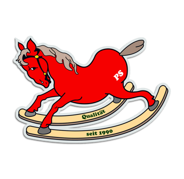 a red rocking horse with white initials PS