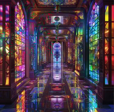 a hallway with stained glass windows and stained glass