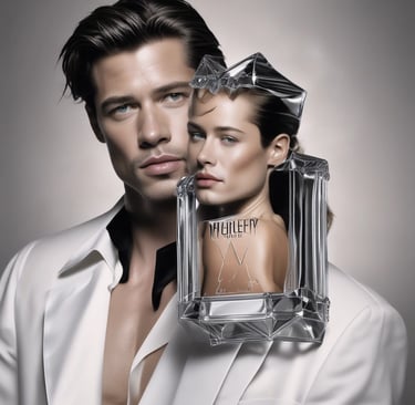 Two perfume bottles are placed on a white surface. One bottle is a triangular glass container with a pink liquid, labeled 'Prada'. The other is a rectangular bottle with a yellow liquid, labeled 'Chanel No. 5'. Both bottles have elegant and classic designs, showcasing luxury brands.