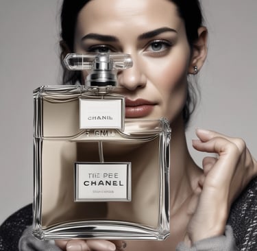 A white bottle of perfume labeled Andromeda by Tiziana Terenzi with a gold-colored cap. The bottle is accompanied by a black business card for UR Perfume, featuring QR codes and social media handles.