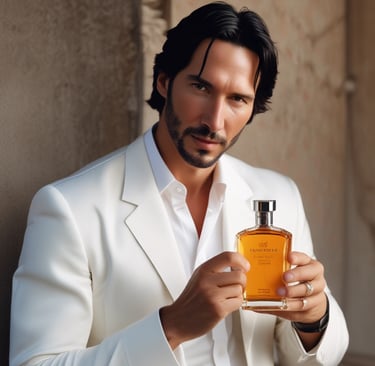 A black perfume bottle with Arabic writing on the label, placed against a dark background. The bottle has a sleek, modern design with a reflective surface. There appears to be a string of black beads with white accents partially visible next to the bottle.