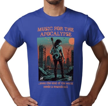 a man wearing a blue shirt with a poster of a woman in a blue shirt