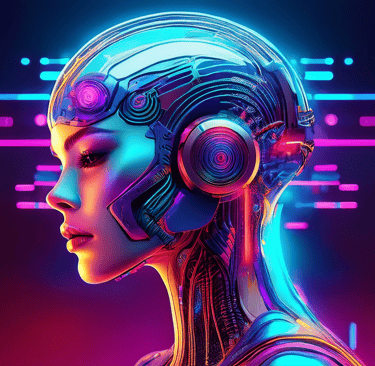 a woman with headphones and headphones on a colorful background