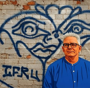 nick cody in a blue shirt and glasses with graffiti on the wall behind him
