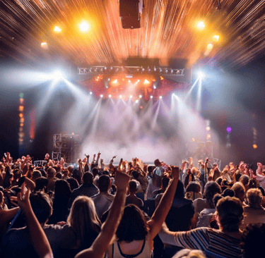 a crowd of people standing in front of a stage with lights