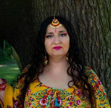 Satnam Galsian in a yellow dress and a yellow dress