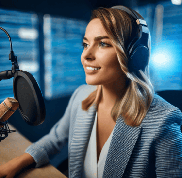 a woman in a recording studio with a microphone and headphones volunteer