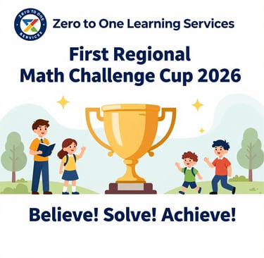 Zero to One Learning First Regional Math Challenge Cup 2026 poster with a gold trophy and students.