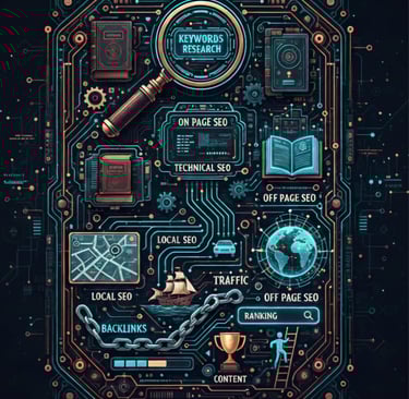 Core SEO services including on-page SEO, off-page SEO, technical SEO, and keyword research