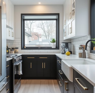 a kitchen with a sink and a large window