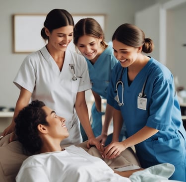 Medical professionals in full protective gear attend to a patient lying on a hospital bed. The patient is connected to medical equipment, including a heartbeat and oxygen monitor, while the healthcare workers appear to be providing care or administering a treatment.