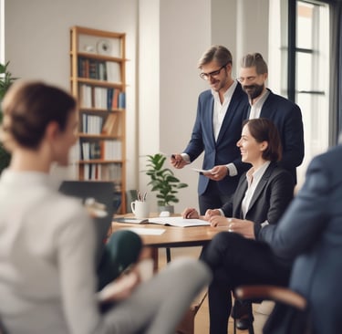 A professional consultation setting with a medical professional sitting at a desk facing a client. The room has a modern aesthetic with white walls decorated with framed certificates. The desk is organized with office supplies, a laptop, and a fruit bowl in the center.