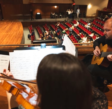 a man playing guitar and guitar in a concert hall