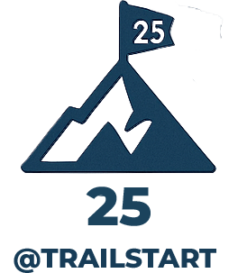 A logo of a Mountain with a flag showing the number 25, 25@TrailStart written below
