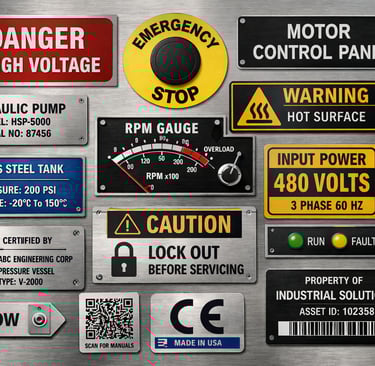 Industrial metal nameplates for machinery electrical panels OEM equipment